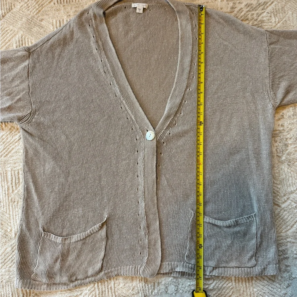 J. Jill Love Linen Cardigan Sweater XL Tan Beige Short Sleeve Button Knit Pocket